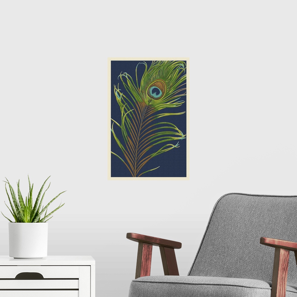 A modern room featuring Peacock Feather - Letterpress: Retro Art Poster