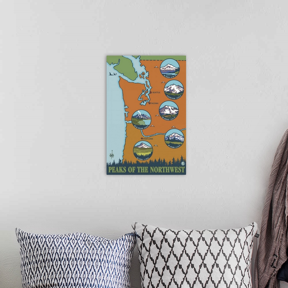 A bohemian room featuring Peaks of the Northwest - 6 Different Mountains: Retro Travel Poster
