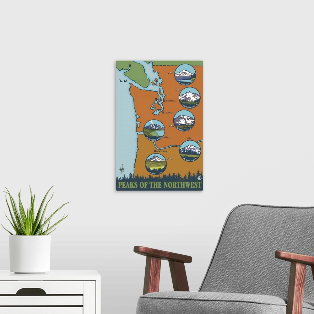 A modern room featuring Peaks of the Northwest - 6 Different Mountains: Retro Travel Poster