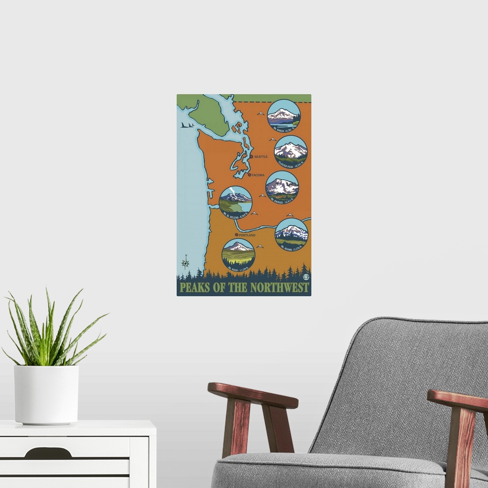 A modern room featuring Peaks of the Northwest - 6 Different Mountains: Retro Travel Poster