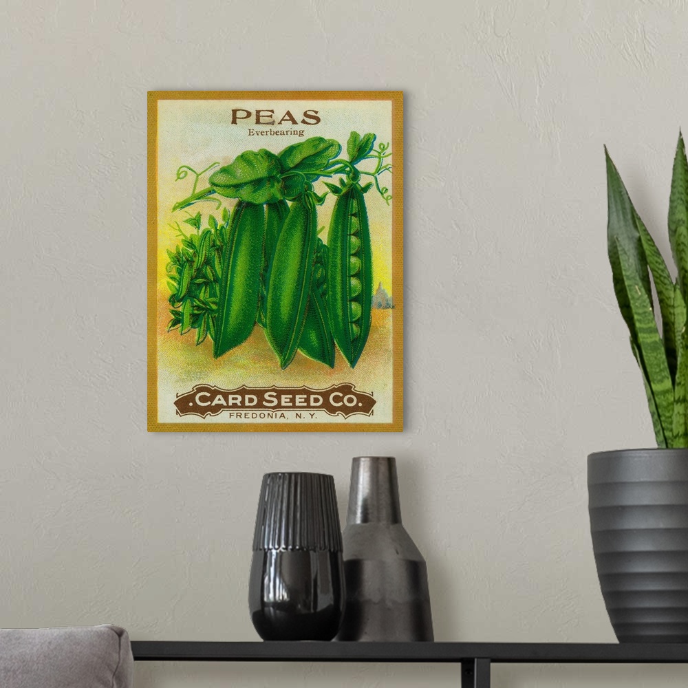 A modern room featuring A vintage label from a seed packet for peas.