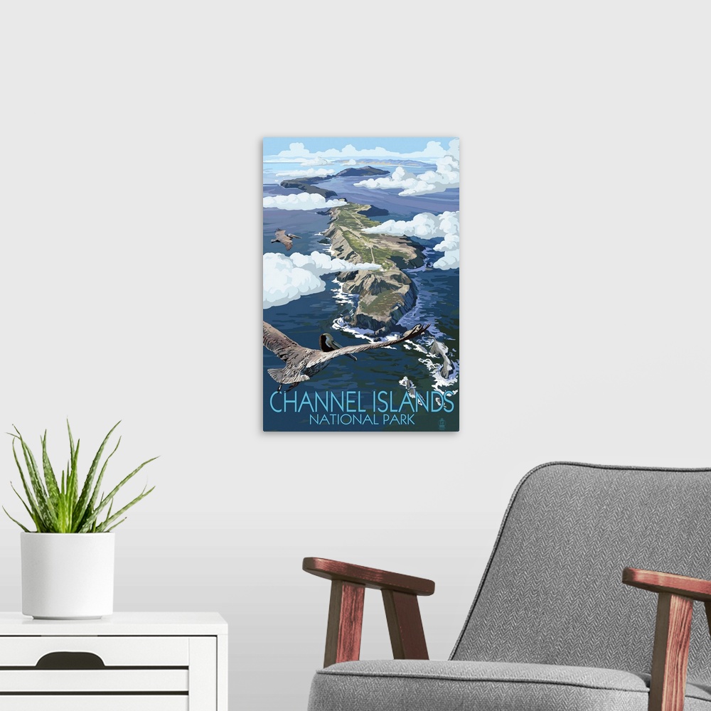 A modern room featuring Pelicans Flying Over Channel Islands National Park: Retro Travel Poster