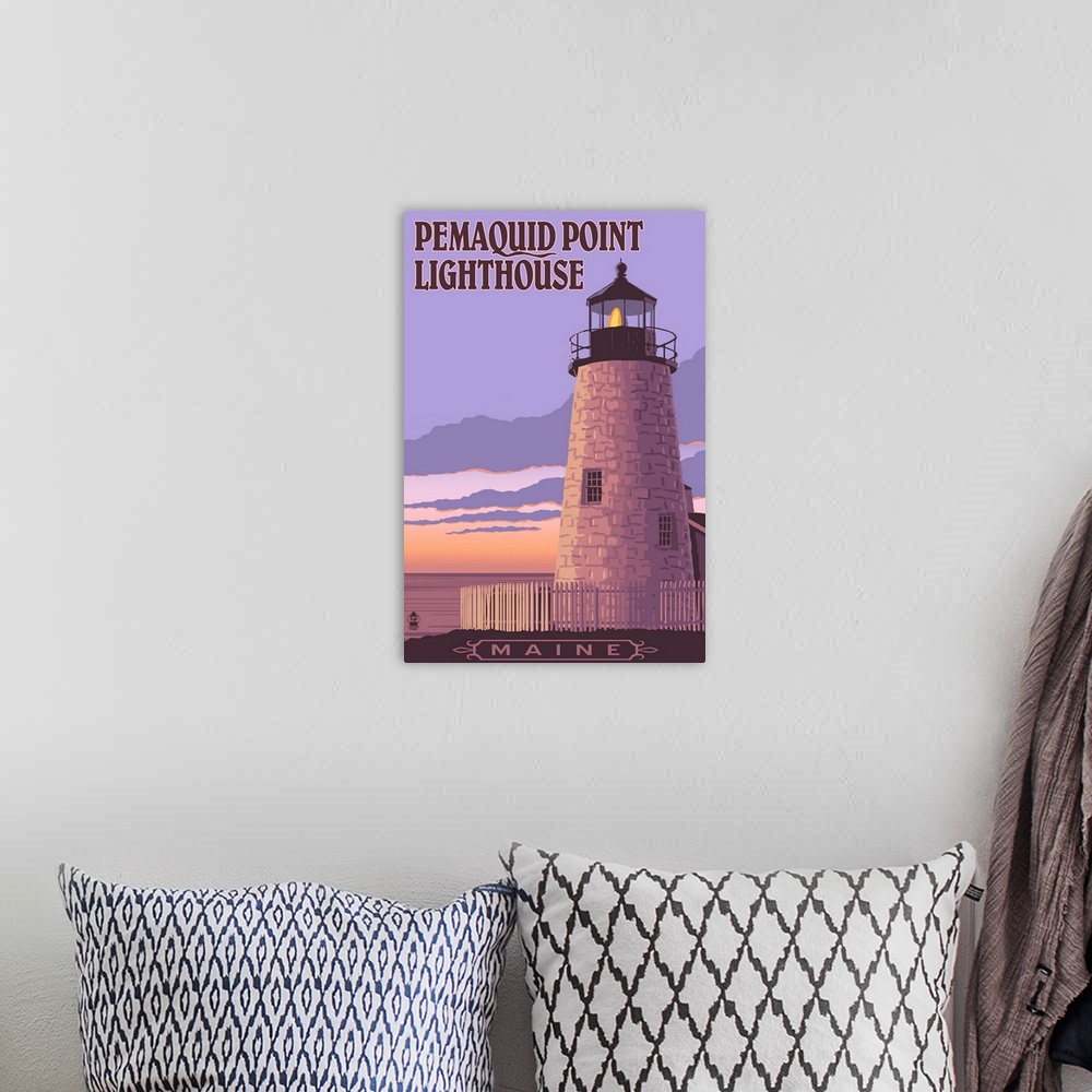 A bohemian room featuring Pemaquid Lighthouse Sunset - Maine: Retro Travel Poster