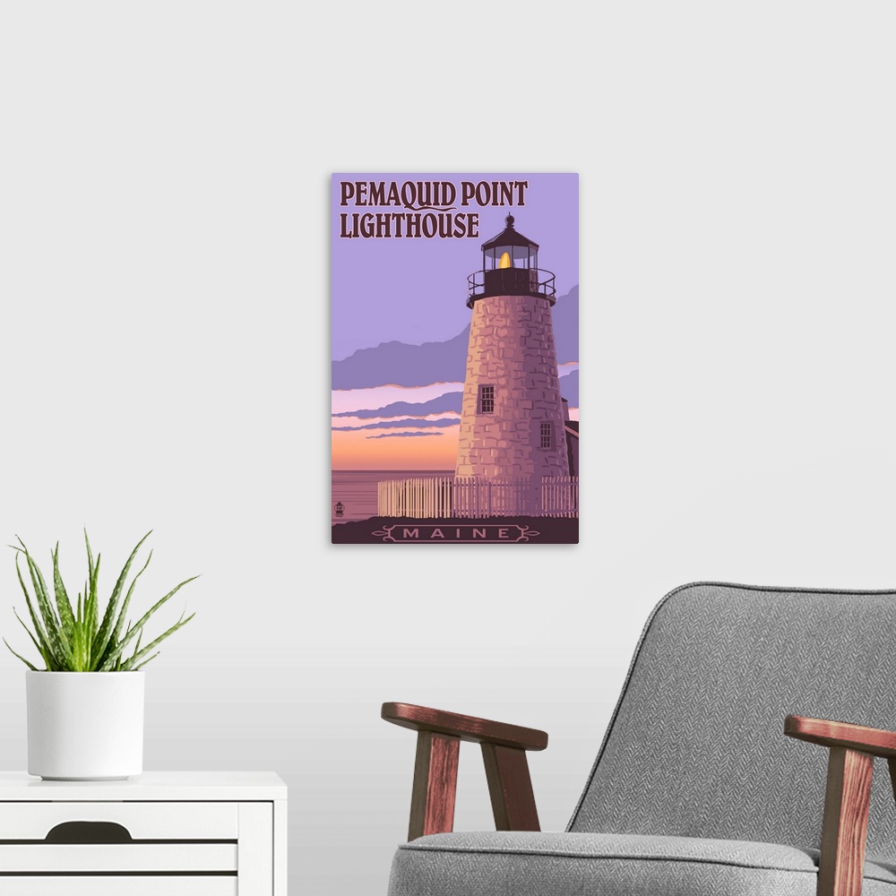 A modern room featuring Pemaquid Lighthouse Sunset - Maine: Retro Travel Poster
