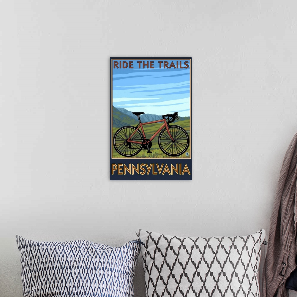 A bohemian room featuring Pennsylvania - Mountain Bike Scene: Retro Travel Poster