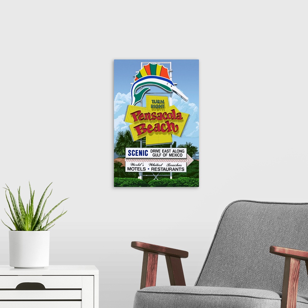 A modern room featuring Retro stylized art poster of a retro sign advertising a beach, with a sailfish at the top of the ...
