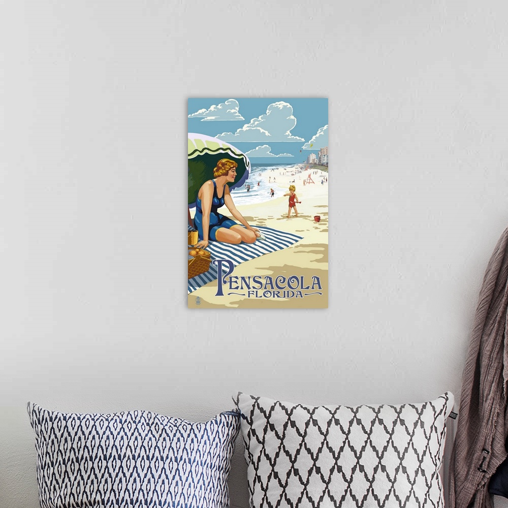 A bohemian room featuring Pensacola, Florida - Woman on the Beach: Retro Travel Poster