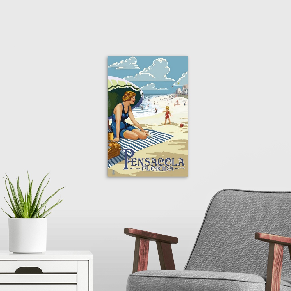 A modern room featuring Pensacola, Florida - Woman on the Beach: Retro Travel Poster