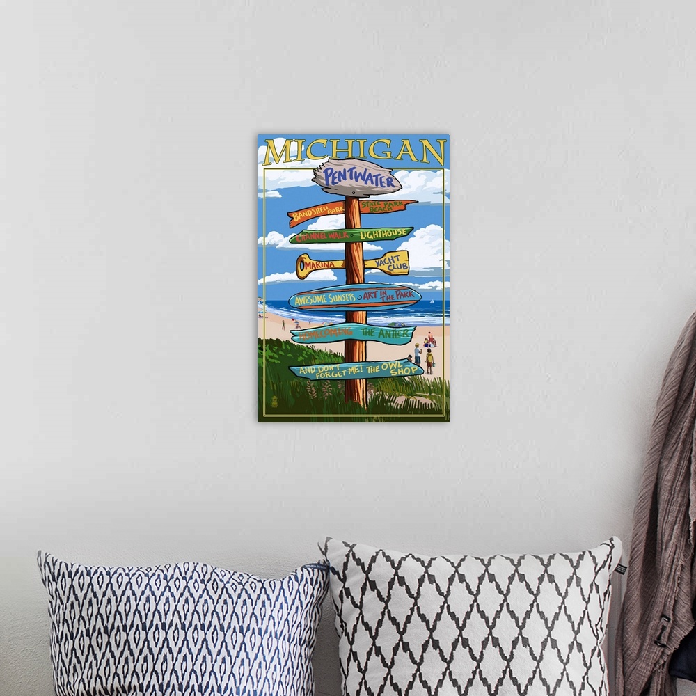 A bohemian room featuring Pentwater, Michigan - Sign Destinations: Retro Travel Poster