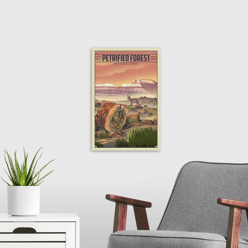 A modern room featuring Petrified Forest National Park, Natural Landscape: Retro Travel Poster