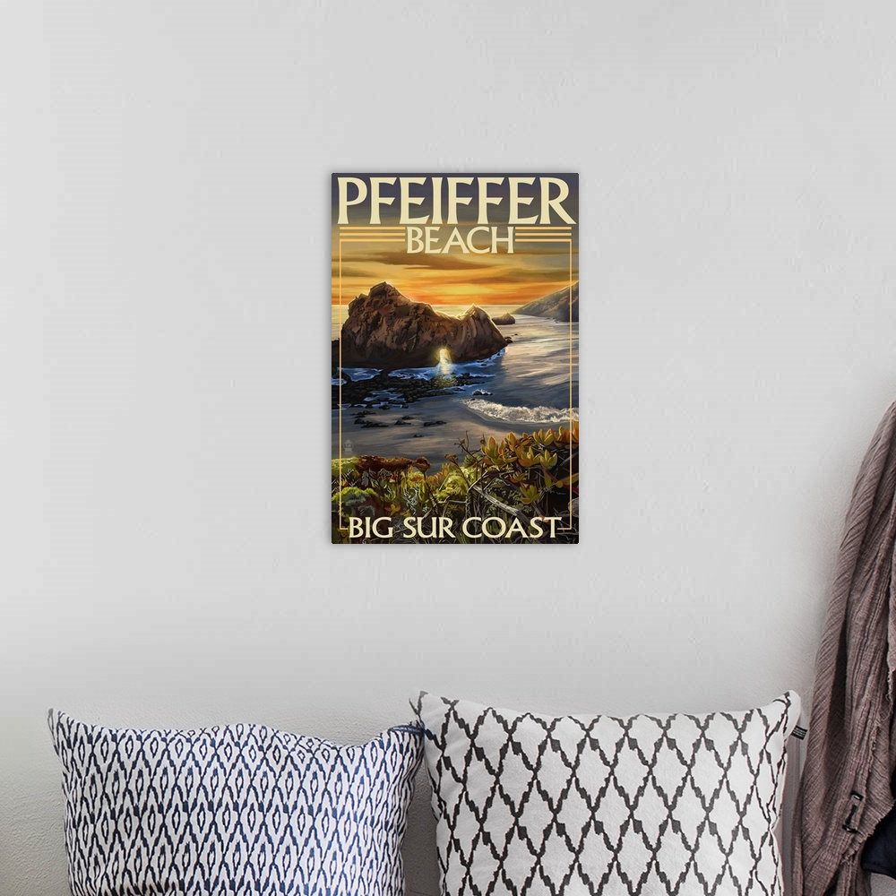 A bohemian room featuring Retro stylized art poster of a natural rock arch along the shoreline of a cove.