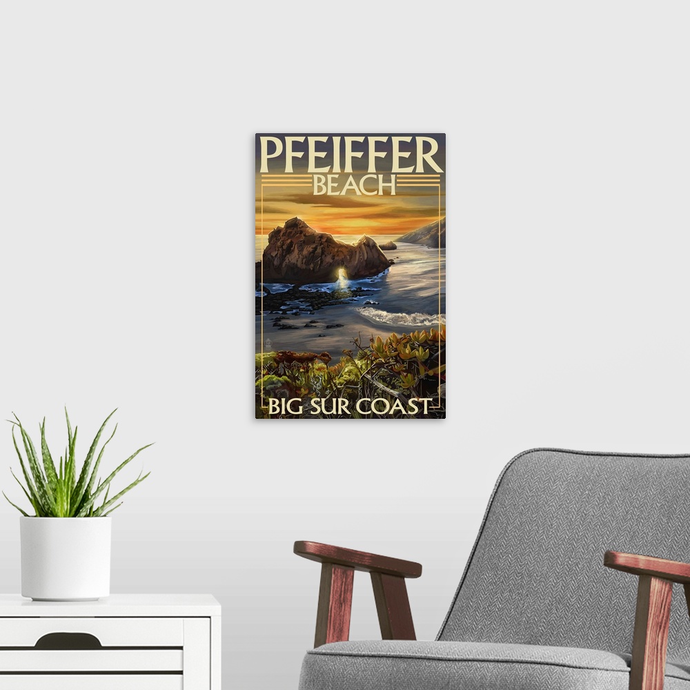 A modern room featuring Retro stylized art poster of a natural rock arch along the shoreline of a cove.