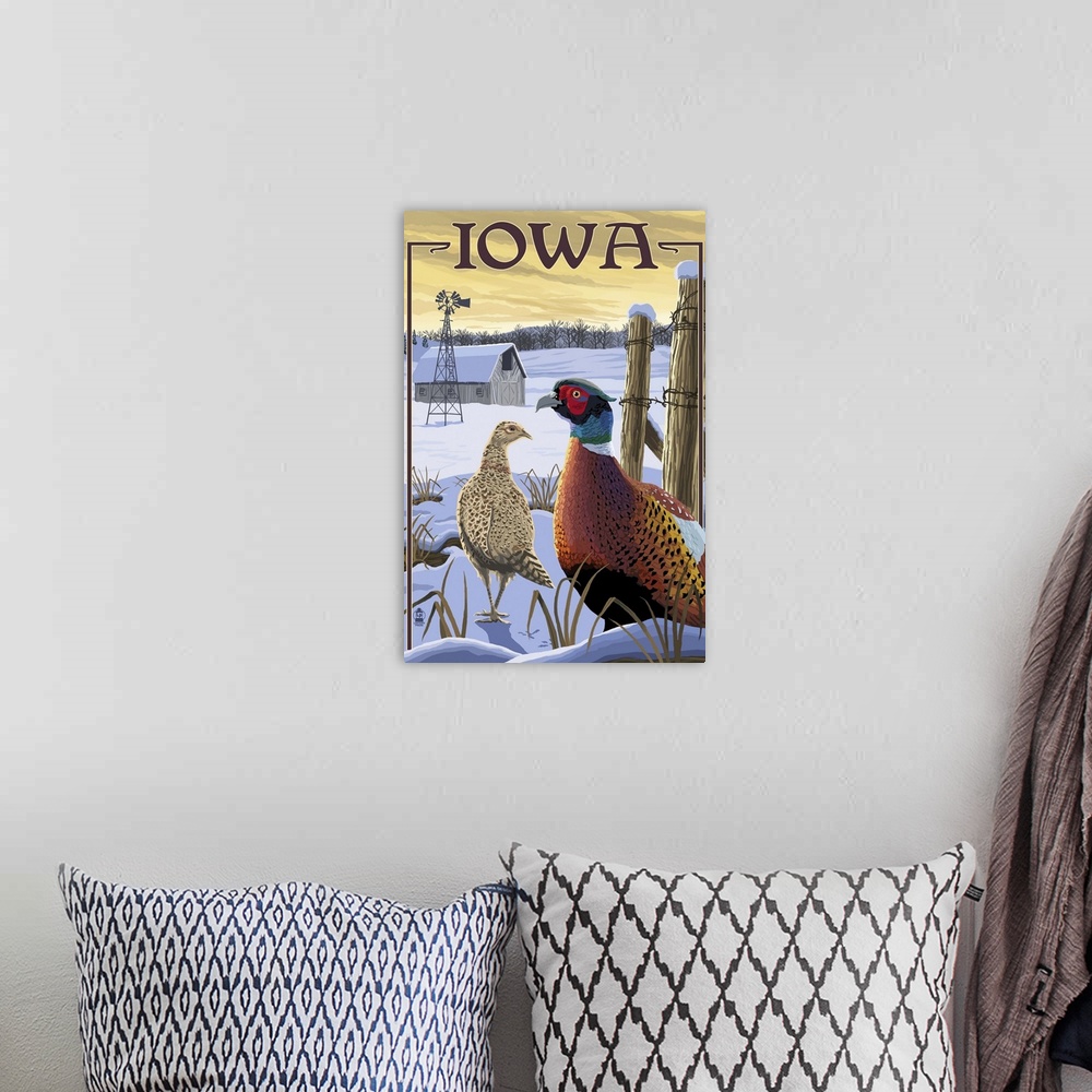 A bohemian room featuring Pheasants - Iowa: Retro Travel Poster