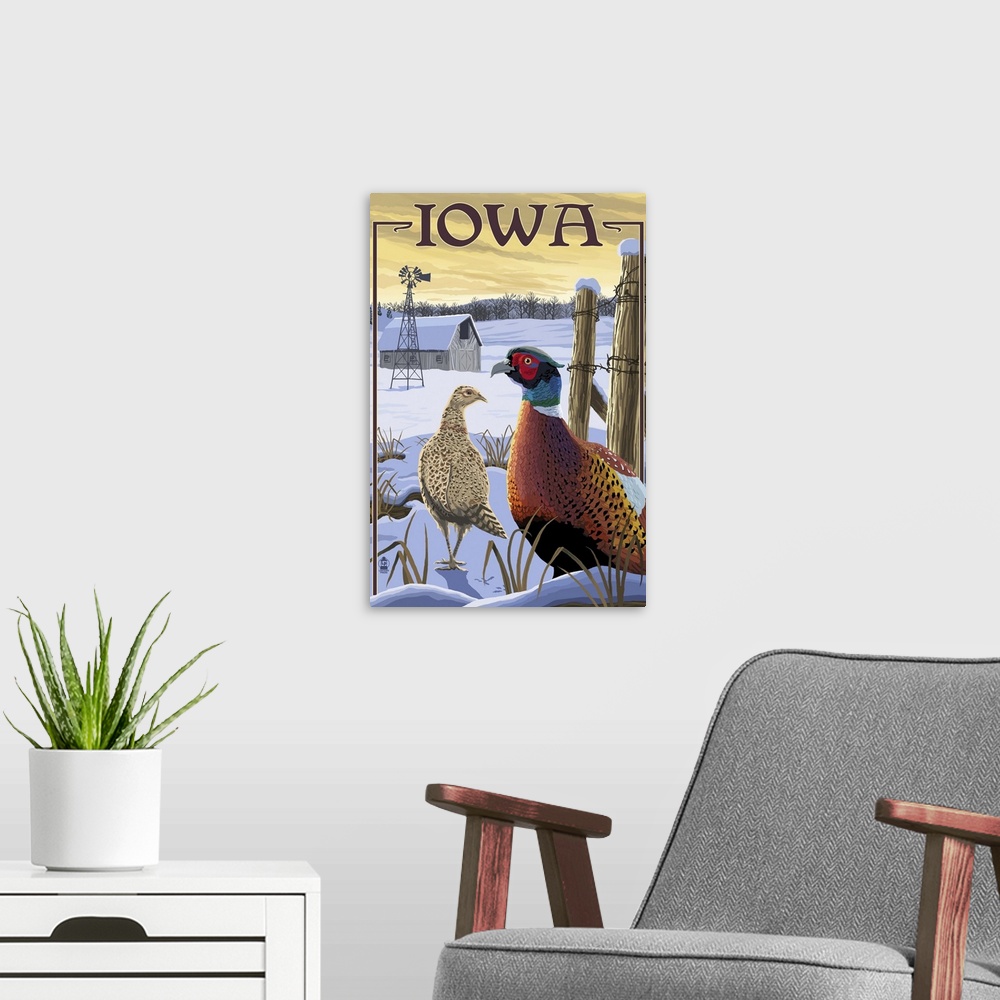 A modern room featuring Pheasants - Iowa: Retro Travel Poster