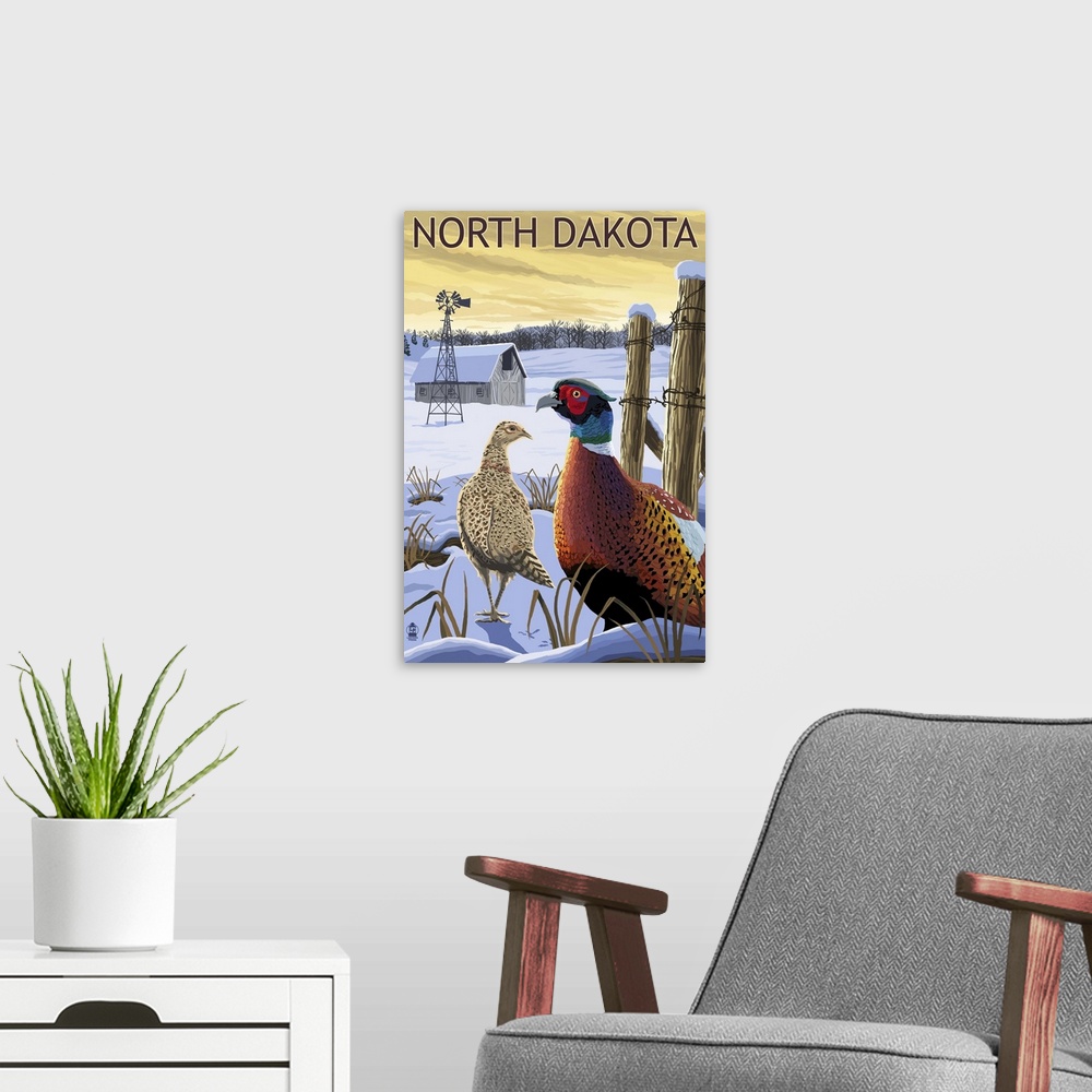 A modern room featuring Pheasants - North Dakota: Retro Travel Poster