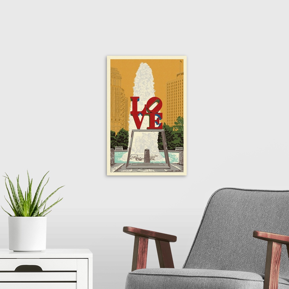A modern room featuring Philadelphia, Pennsylvania - Love Statue - Letterpress: Retro Travel Poster