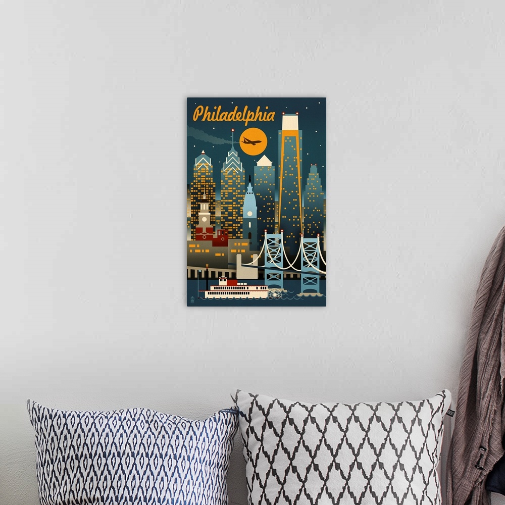 A bohemian room featuring Philadelphia, Pennsylvania - ND - Retro Skyline- Lantern Press Artwork