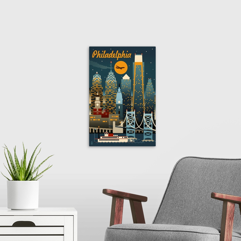 A modern room featuring Philadelphia, Pennsylvania - ND - Retro Skyline- Lantern Press Artwork