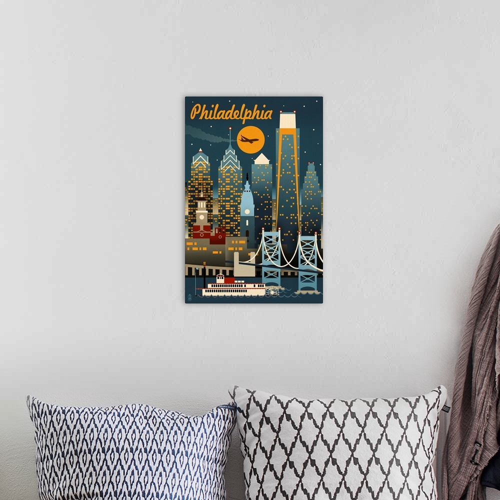 A bohemian room featuring Philadelphia, Pennsylvania - Retro Skyline: Retro Travel Poster
