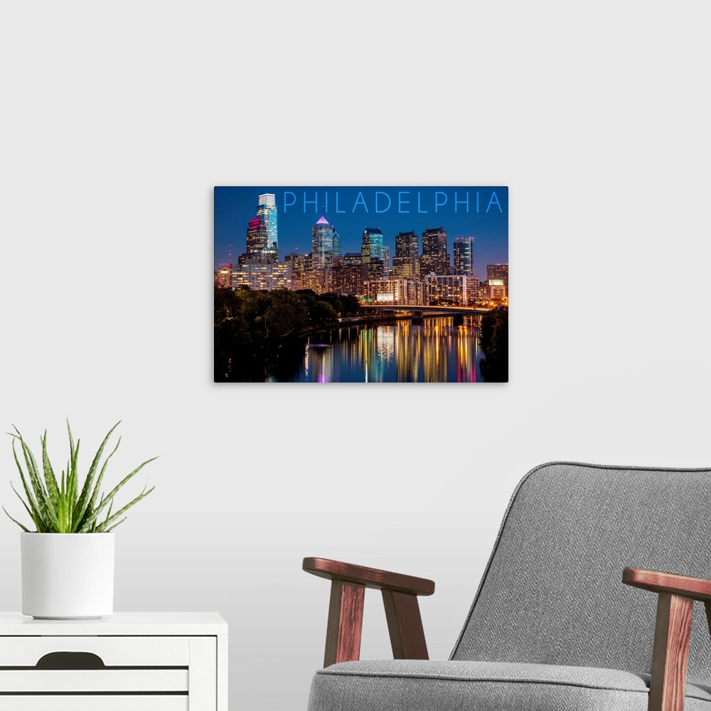 A modern room featuring Philadelphia, Pennsylvania, Skyline at Night
