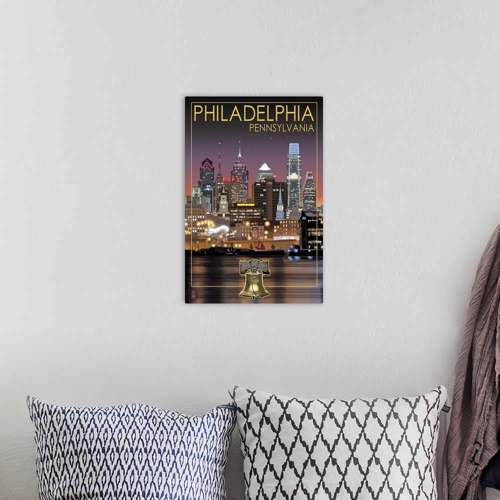A bohemian room featuring Philadelphia, Pennsylvania - Skyline at Night: Retro Travel Poster