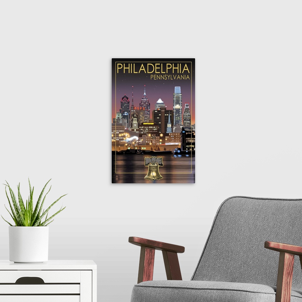 A modern room featuring Philadelphia, Pennsylvania - Skyline at Night: Retro Travel Poster