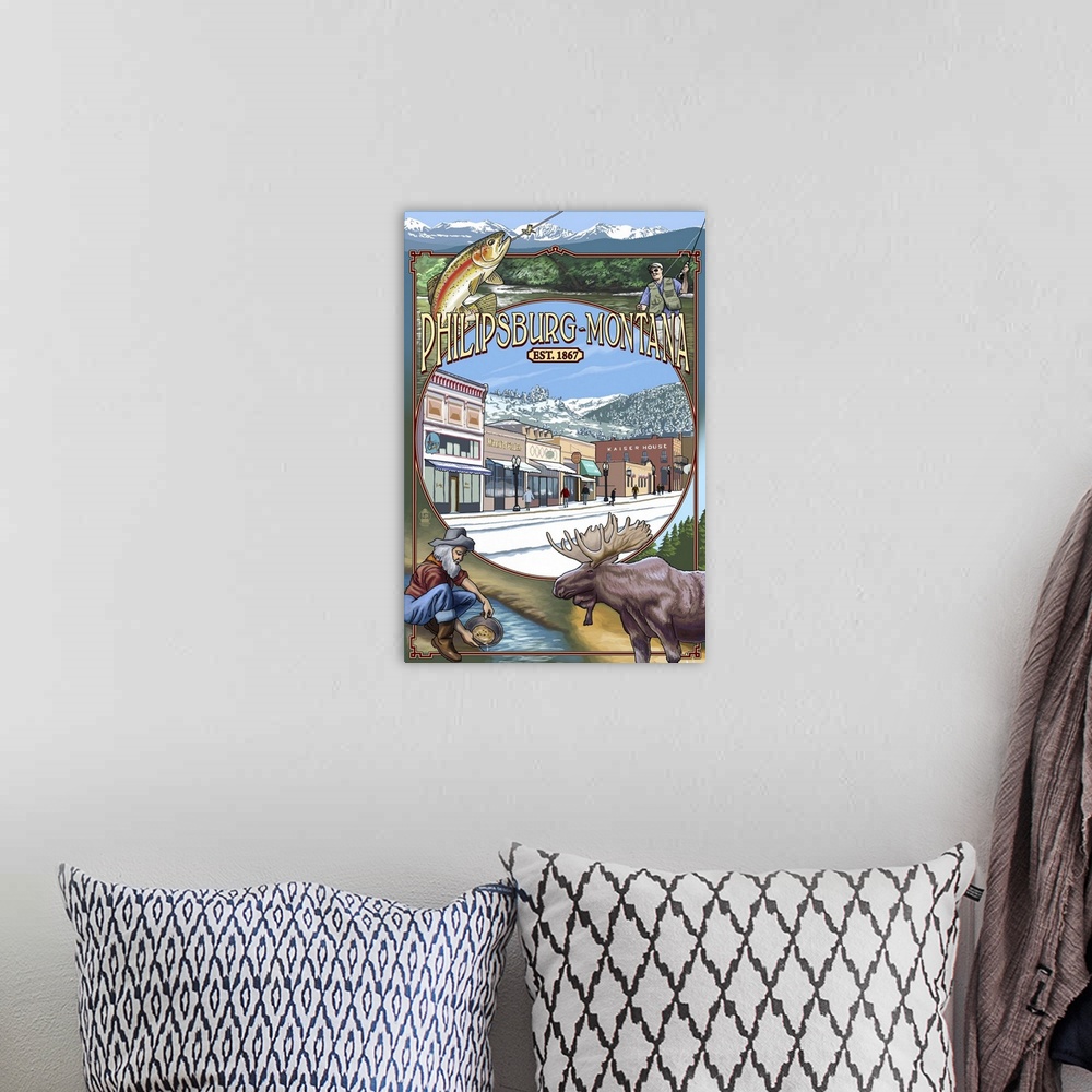 A bohemian room featuring Philipsburg, Montana Montage: Retro Travel Poster