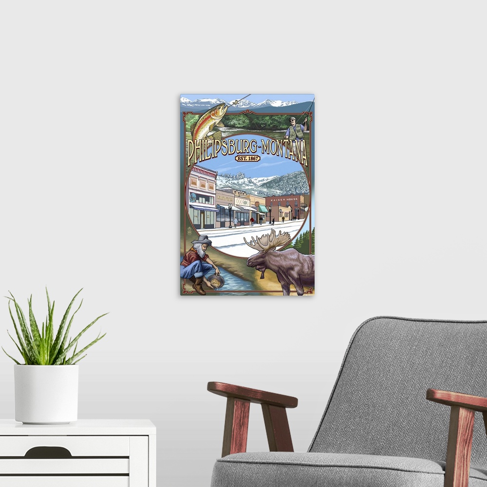 A modern room featuring Philipsburg, Montana Montage: Retro Travel Poster