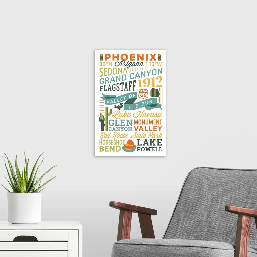 A modern room featuring Phoenix, Arizona - Stacked Typography