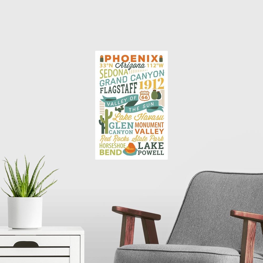 A modern room featuring Phoenix, Arizona - Stacked Typography
