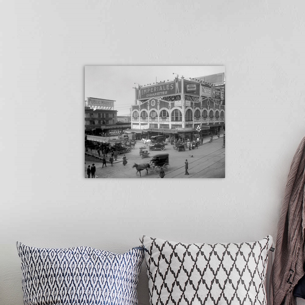 A bohemian room featuring Vintage photo of the famous Pike Place Market in Seattle, Washington.