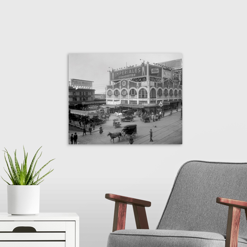 A modern room featuring Vintage photo of the famous Pike Place Market in Seattle, Washington.
