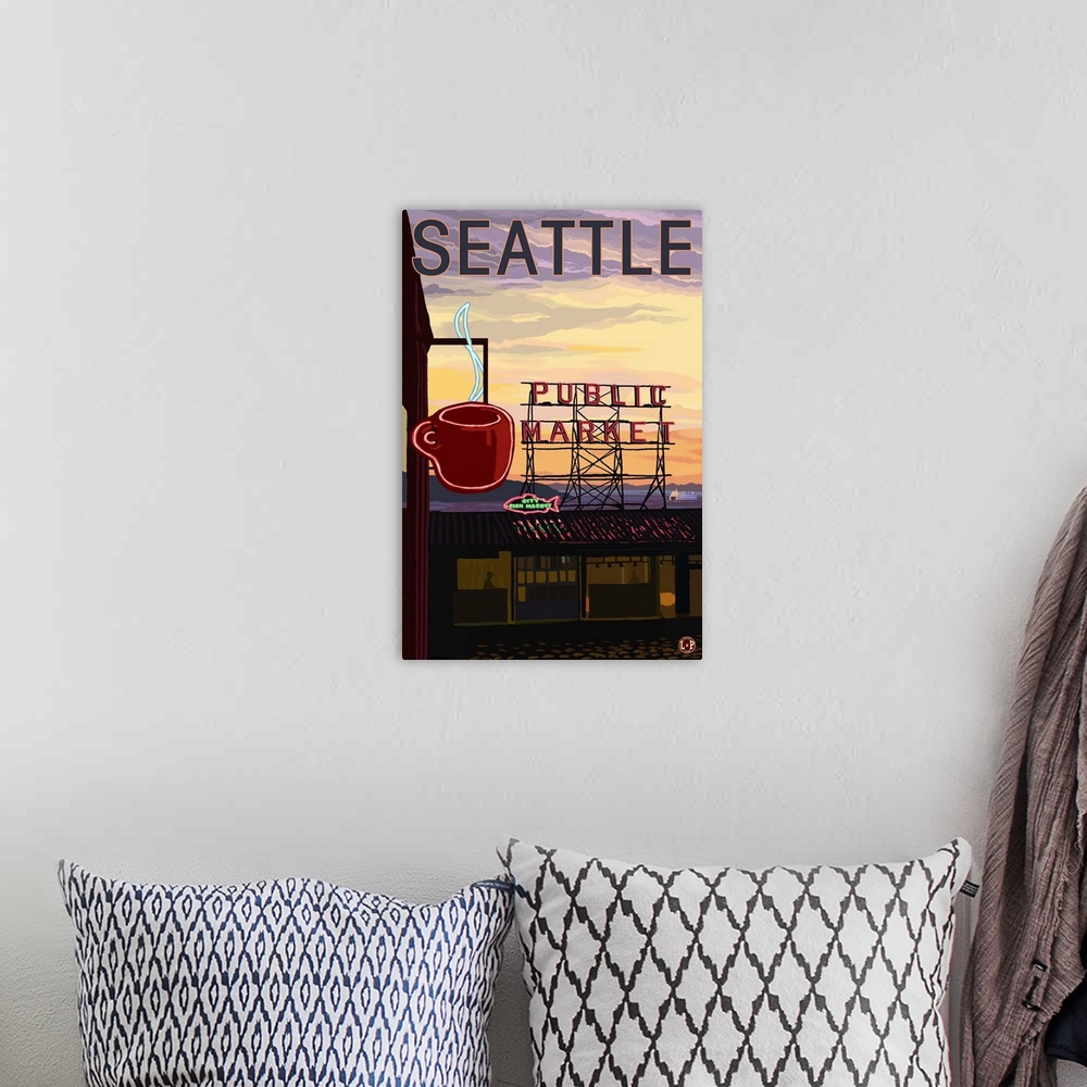 A bohemian room featuring Pike Place Market - Sign and Water: Retro Travel Poster
