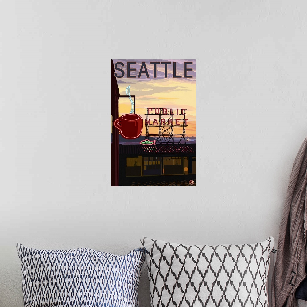 A bohemian room featuring Pike Place Market - Sign and Water: Retro Travel Poster
