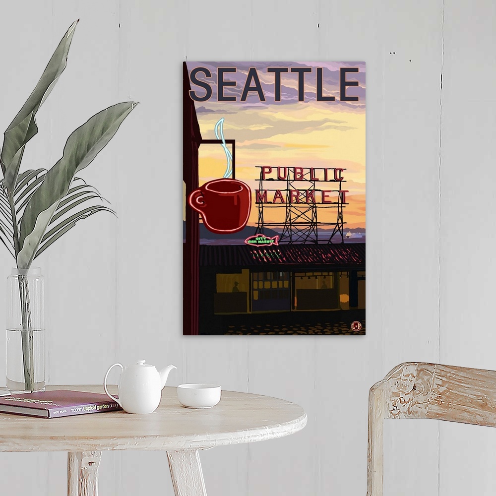 A farmhouse room featuring Pike Place Market - Sign and Water: Retro Travel Poster