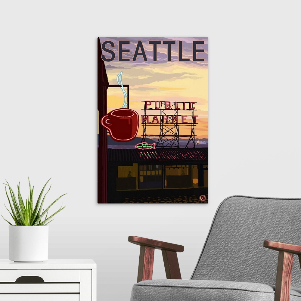 A modern room featuring Pike Place Market - Sign and Water: Retro Travel Poster