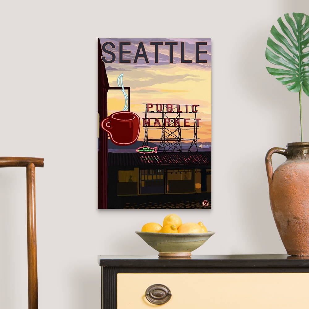A traditional room featuring Pike Place Market - Sign and Water: Retro Travel Poster