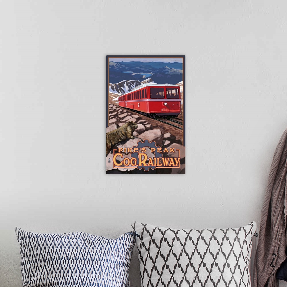 A bohemian room featuring Pikes Peak Cog Railway - Swiss Locomotive: Retro Travel Poster