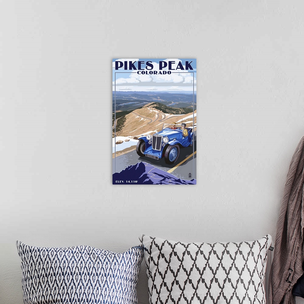 A bohemian room featuring Pikes Peak, Colorado - Auto Road Scene: Retro Travel Poster