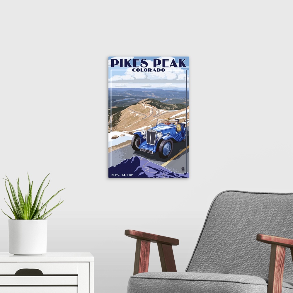 A modern room featuring Pikes Peak, Colorado - Auto Road Scene: Retro Travel Poster