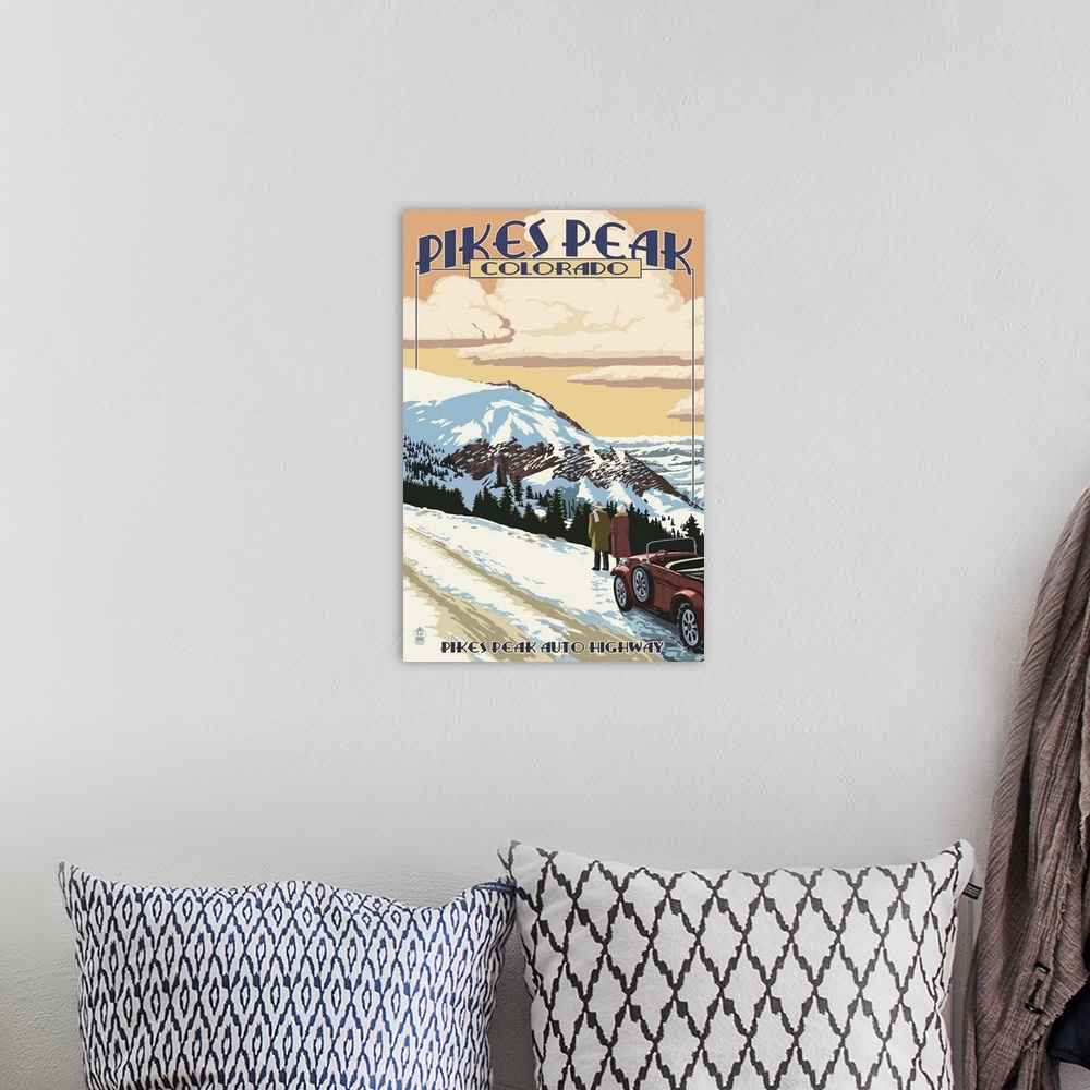 A bohemian room featuring Pikes Peak, Colorado - Winter Scene from Pikes Peak Highway: Retro Travel Poster