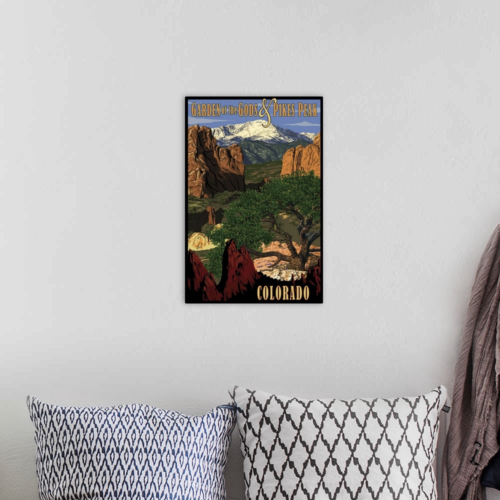 A bohemian room featuring Pikes Peak from Garden of the Gods, Colorado: Retro Travel Poster