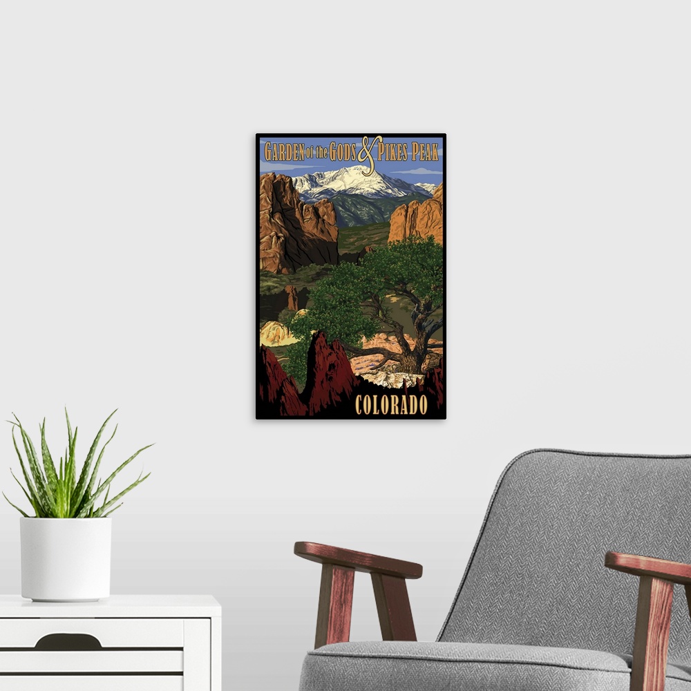 A modern room featuring Pikes Peak from Garden of the Gods, Colorado: Retro Travel Poster