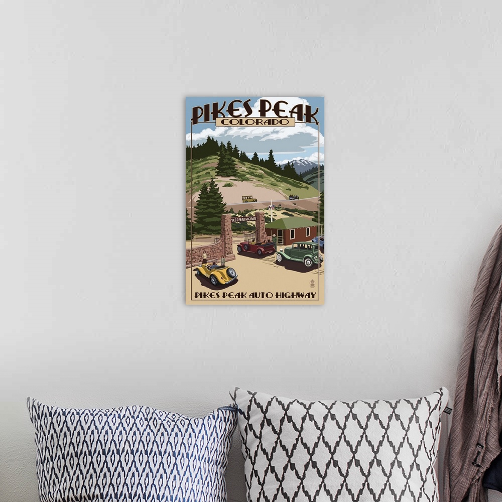 A bohemian room featuring Pikes Peak Highway Gateway, Colorado: Retro Travel Poster