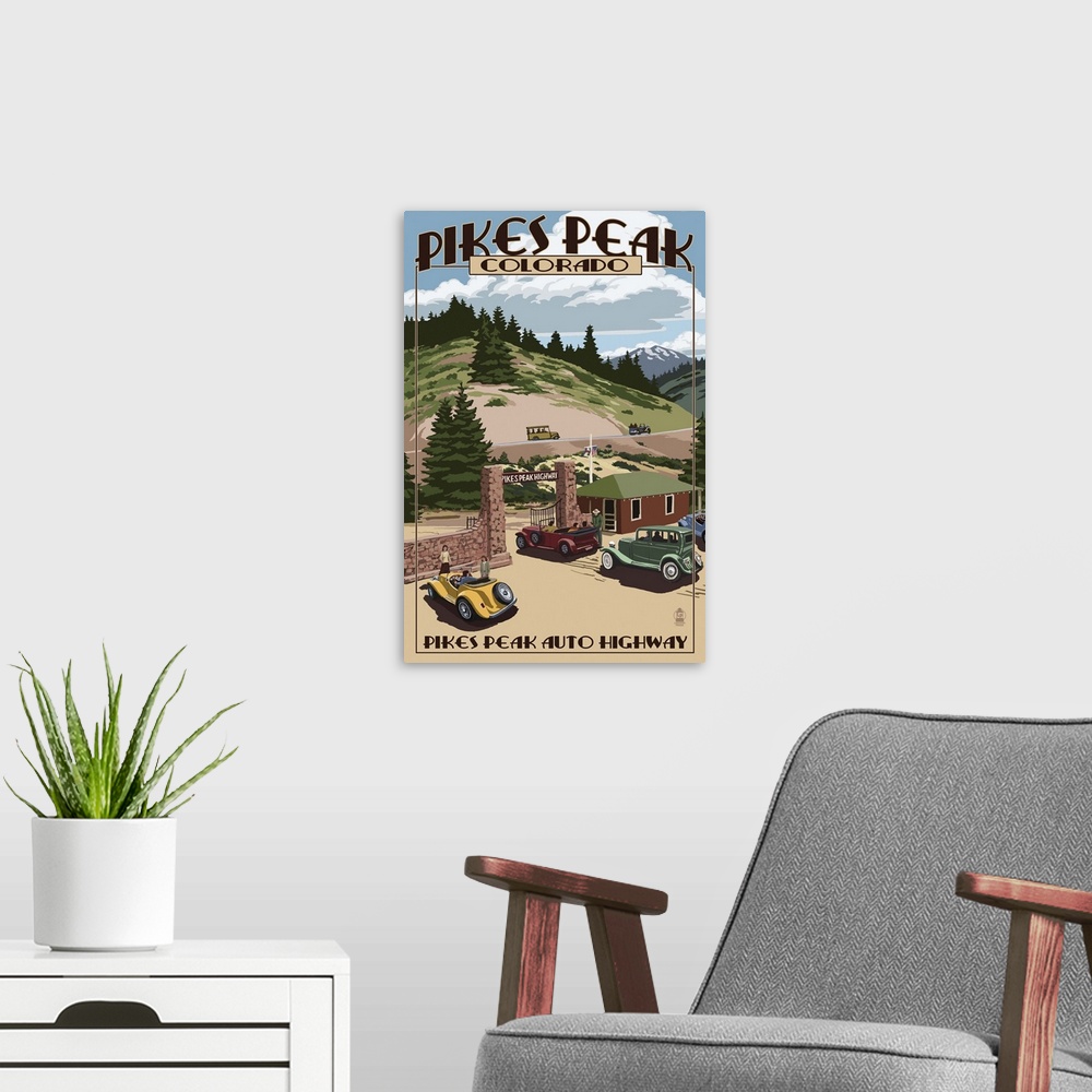 A modern room featuring Pikes Peak Highway Gateway, Colorado: Retro Travel Poster