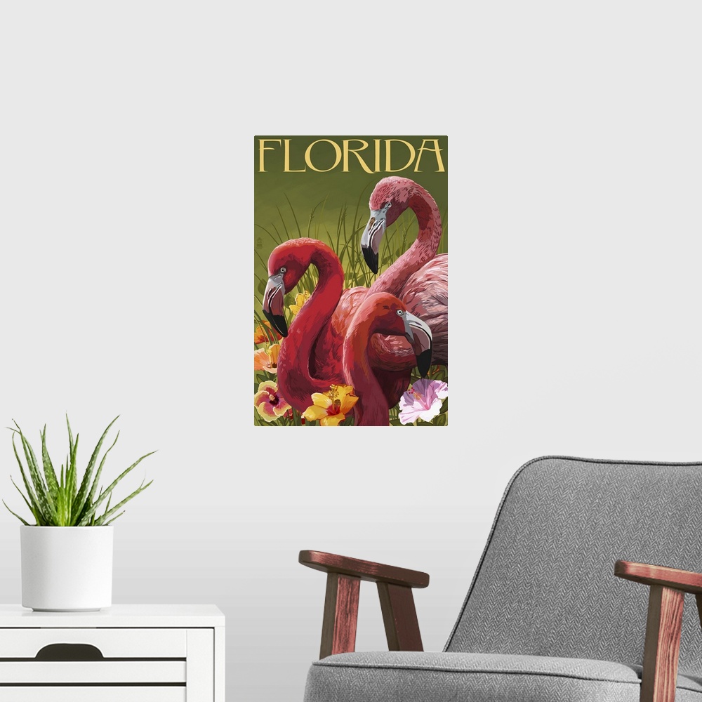 A modern room featuring Retro stylized art poster of flamingos surrounded by vibrant flowers.