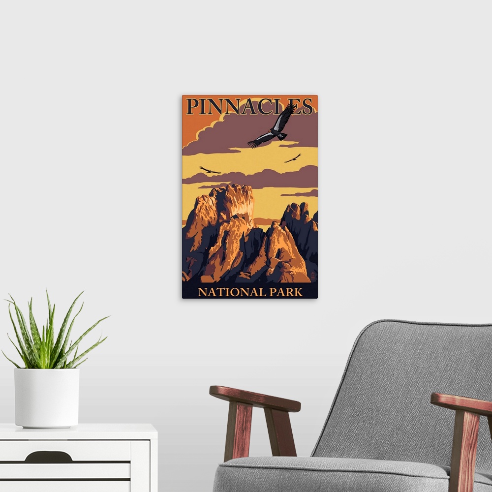 A modern room featuring Pinnacles National Park - Condors: Retro Travel Poster