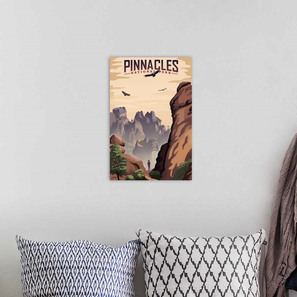 A bohemian room featuring Pinnacles National Park, Hiking In The Canyon: Retro Travel Poster