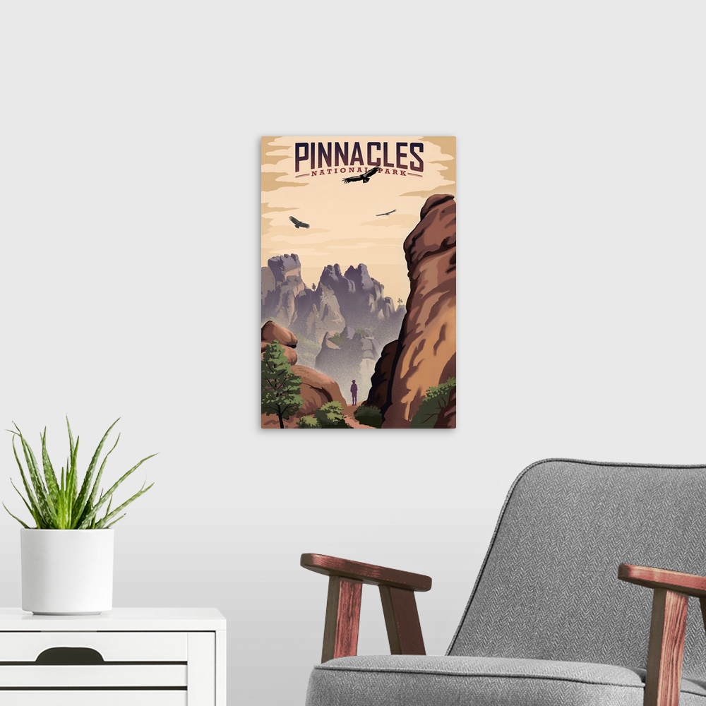 A modern room featuring Pinnacles National Park, Hiking In The Canyon: Retro Travel Poster