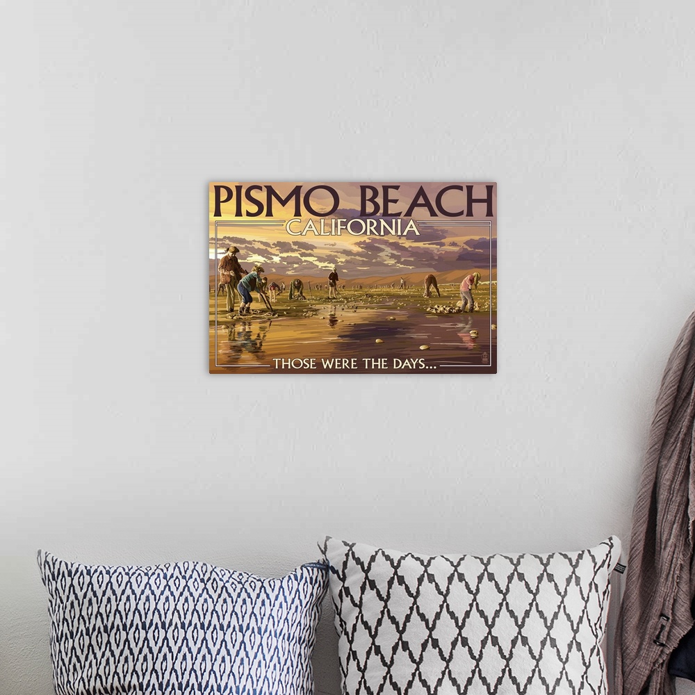 A bohemian room featuring Retro stylized art poster of a coastal scene, with people digging for clams.